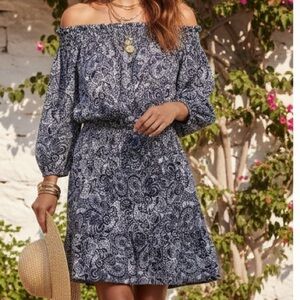 Paisley Boho Michael Kors Navy White Off-Shoulder Mini Dress L